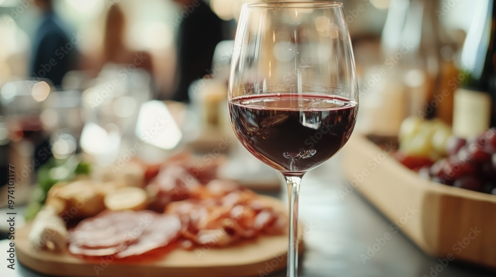 Detailed shot of a red wine glass resting on a bar counter, with a fuzzy backdrop of guests and a spread of charcuterie, creating an inviting atmosphere at a wine tasting gathering Detailed shot of a red wine glass resting on a bar counter, with a fuzzy backdrop of guests and a spread of charcuterie, creating an inviting atmosphere at a wine tasting gathering