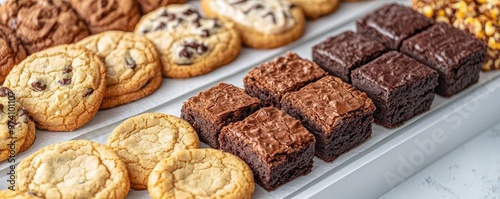 A 3D bakery counter filled with cookies, brownies, and bars neatly arranged in rows, 3D counter, cookies, brownies
