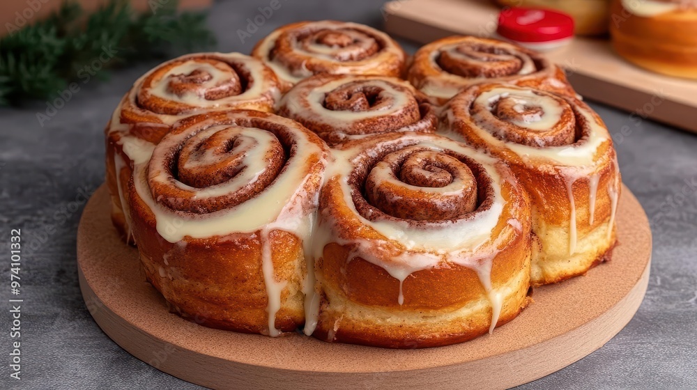 A 3D bakery display with a tower of cinnamon rolls dripping with icing, 3D bakery display, cinnamon rolls, icing A 3D bakery display with a tower of cinnamon rolls dripping with icing, 3D bakery display, cinnamon rolls, icing