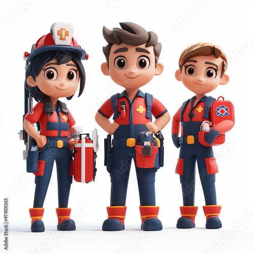Animated rescue team characters standing together in uniform with medical equipment and gear, ready for action.