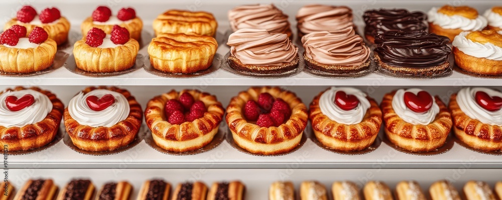 A 3D model of a bakery s pastry shelf with tarts, eclairs, and cakes arranged neatly, 3D model, pastry shelf, eclairs A 3D model of a bakery s pastry shelf with tarts, eclairs, and cakes arranged neatly, 3D model, pastry shelf, eclairs