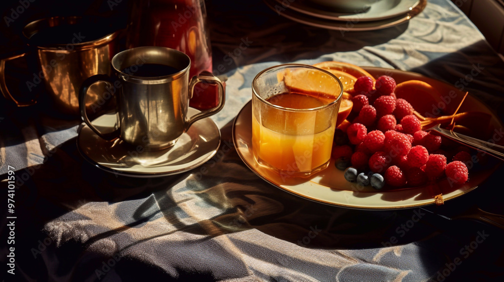 Illustration of breakfast with tea, coffee, orange juice and fruits. Illustration of breakfast with tea, coffee, orange juice and fruits.