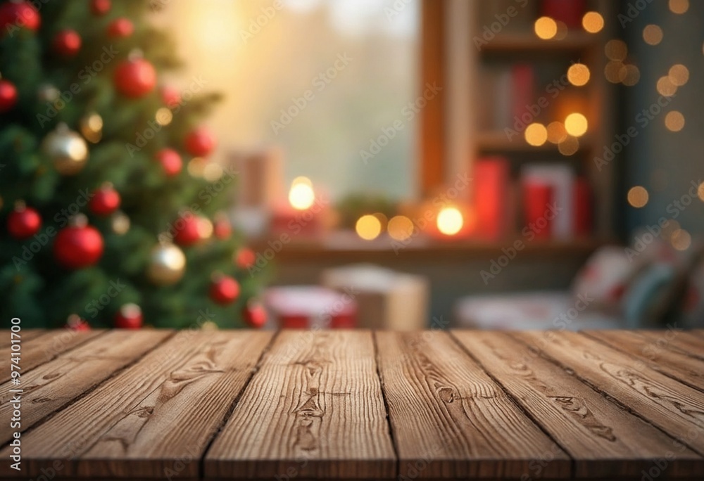 An empty wooden Table With Christmas Decorations In A Blurried Background An empty wooden Table With Christmas Decorations In A Blurried Background