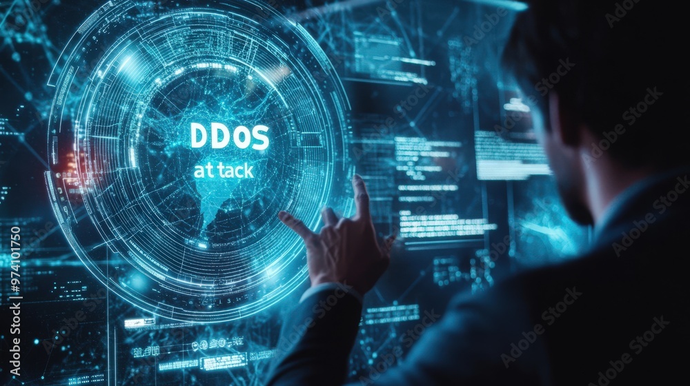 Professional interacting with a futuristic hologram showing a Professional interacting with a futuristic hologram showing a