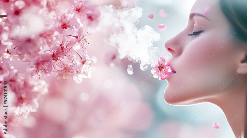 Woman releasing floral scents in a serene environment, representing smell therapy and wellness, surrounded by flowers and a soothing ambiance