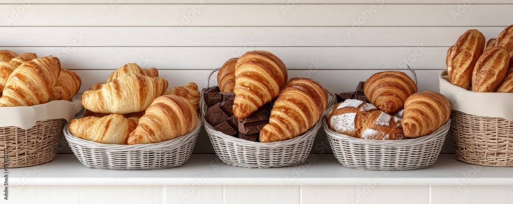 A 3D-rendered scene of a French-style bakery with baskets of croissants, pain au chocolat, and fresh bread, 3D-rendered, French bakery, croissants