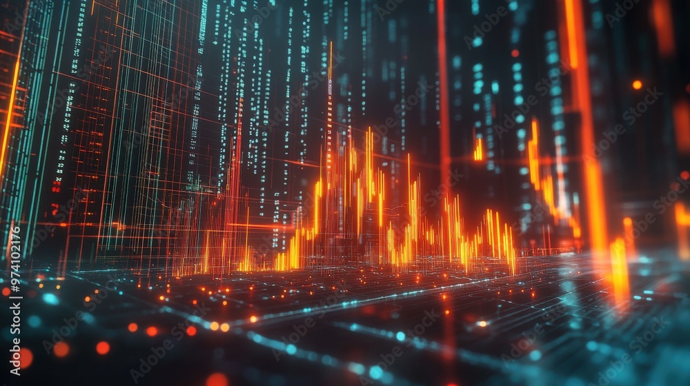Abstract trading chart with big data and infographics. 3D Fintech concept background with glowing candle chart Abstract trading chart with big data and infographics. 3D Fintech concept background with glowing candle chart
