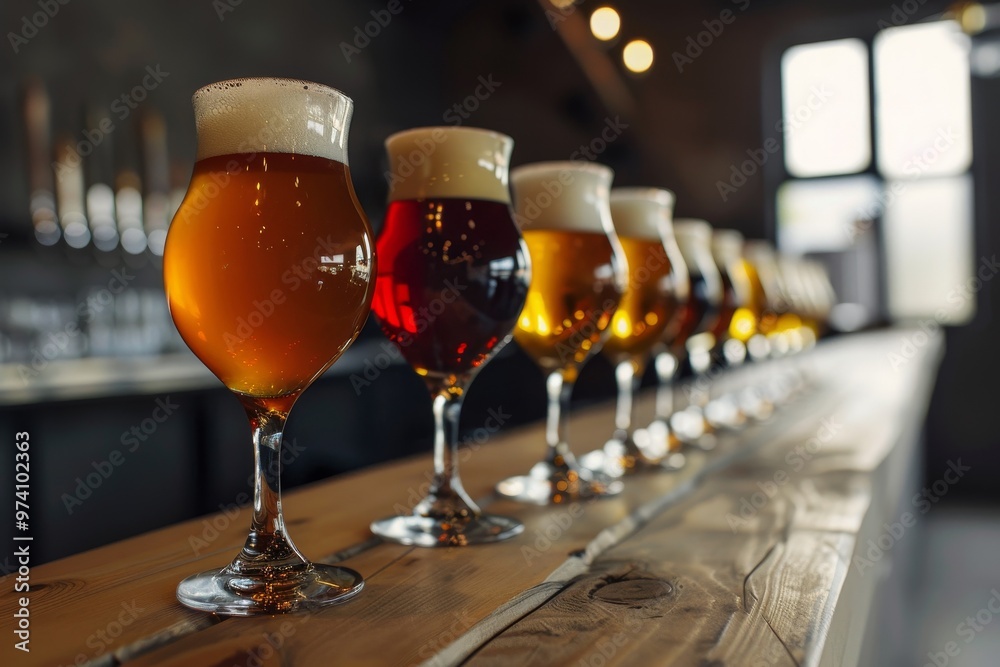 Glasses with different sorts of craft beer on a wooden bar