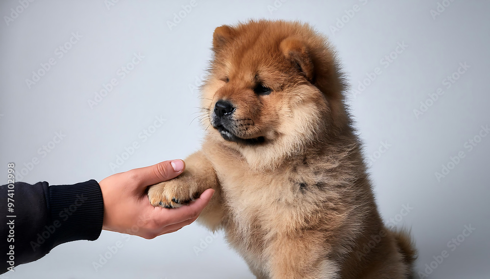baby chow chow puppy shaking hands with person baby chow chow puppy shaking hands with person
