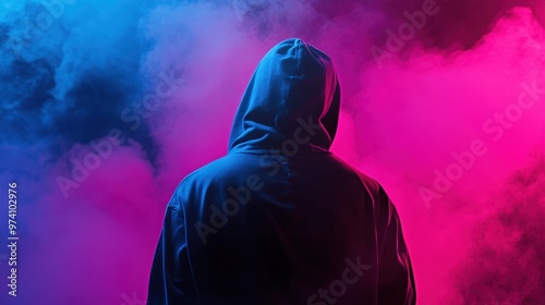 Rap artist in a hoodie on stage with neon pink and blue fog during a night concert, showcasing an energetic and dynamic vibe. The scene features the musician’s back view, emphasizing the vivid stage 