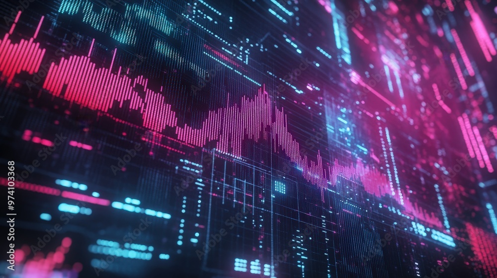 Obraz premium Trading charts and data background on pixelated screen