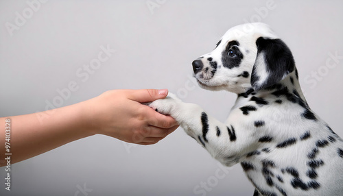 adorable baby dalmatian shaking hands with human photo