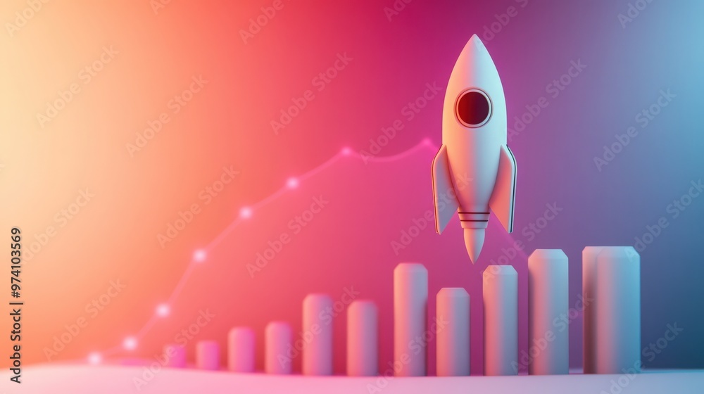 A pastel colored growing graph with rising rocket. 3d render A pastel colored growing graph with rising rocket. 3d render