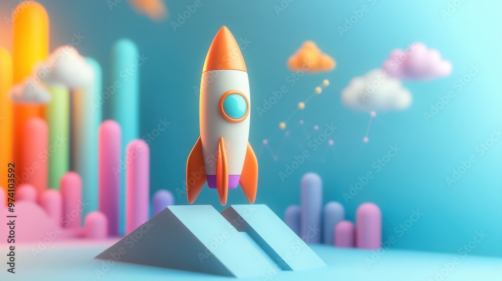 A pastel colored growing graph with rising rocket. 3d render A pastel colored growing graph with rising rocket. 3d render