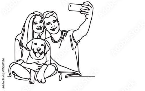 Continuous one art line black hand drawing of a couple staying with their dog and taking a self portrait. illustration vector on white