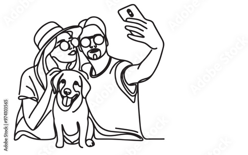 Continuous one art line black hand drawing of a couple staying with their dog and taking a self portrait. illustration vector on white