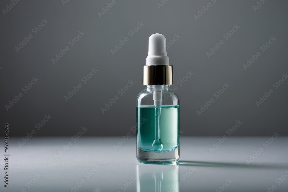 Elegant Glass Dropper Bottle with Blue Liquid on Minimalist Background Elegant Glass Dropper Bottle with Blue Liquid on Minimalist Background