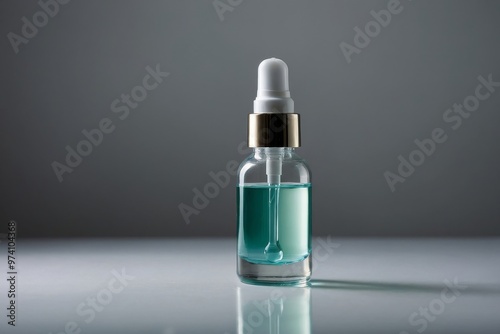 Elegant Glass Dropper Bottle with Blue Liquid on Minimalist Background