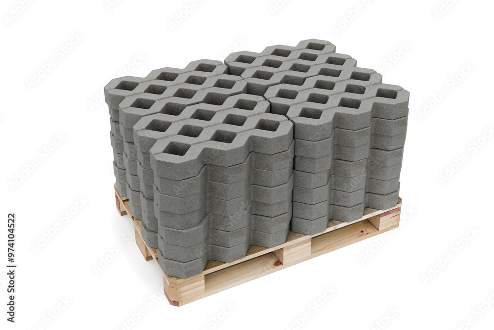 Pallet with blocks of concrete grass pavers. Stack of openwork grid isolated on white background - 3d rendering