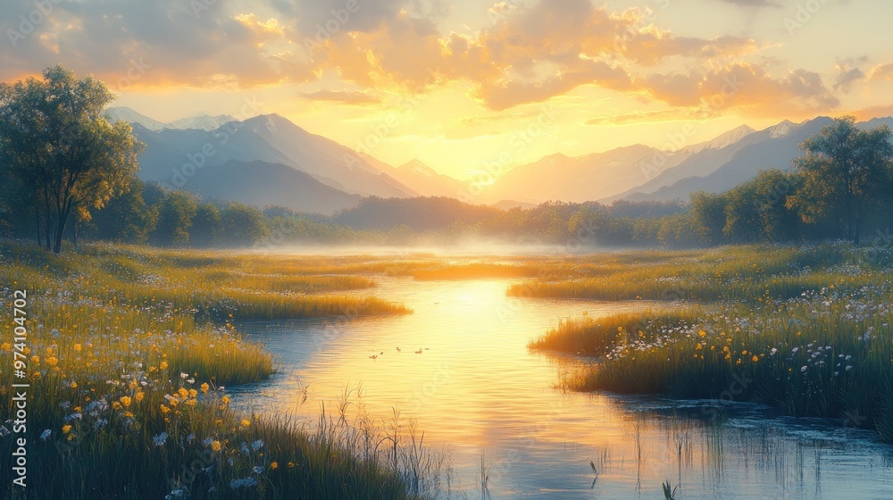Serene sunset over a tranquil river and mountains. Serene sunset over a tranquil river and mountains.