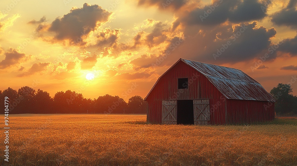 Rustic barn in a golden field at sunset Rustic barn in a golden field at sunset