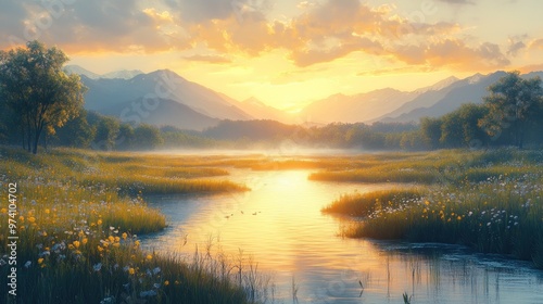Serene sunset over a tranquil river and mountains.