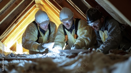 Team of pest control professionals inspecting an attic space for signs of rodent activity