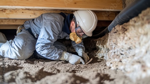 Pest control expert inspecting a crawl space beneath a house for signs of termites or rodents