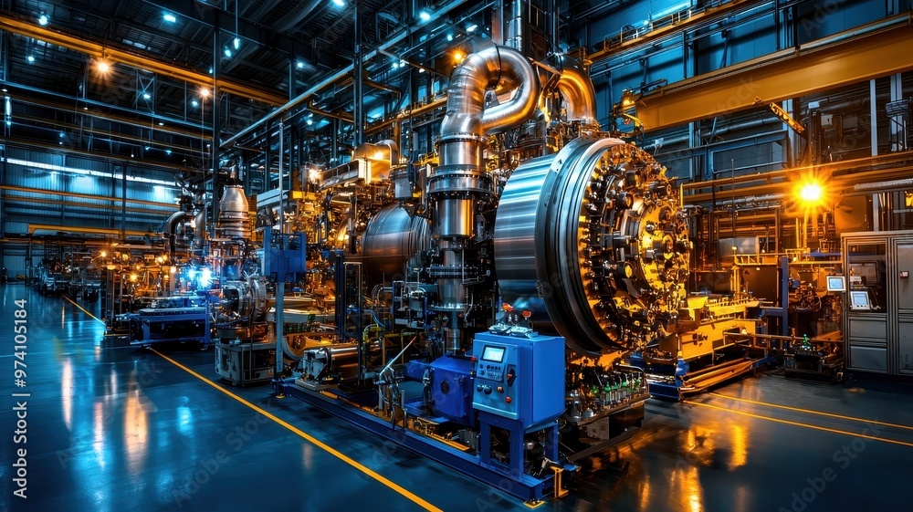 Close-up of a modern industrial machine in a high-tech factory, showcasing intricate components and advanced engineering. Close-up of a modern industrial machine in a high-tech factory, showcasing intricate components and advanced engineering.