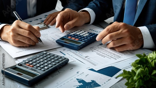 Wallpaper Mural Business professionals collaborating on financial documents using calculators for data analysis and decision-making. Torontodigital.ca