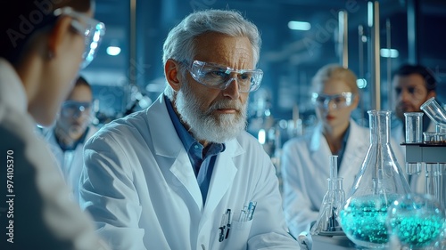 Group of scientists collaborating in a laboratory, focused on research with lab equipment and vibrant chemical solutions.
