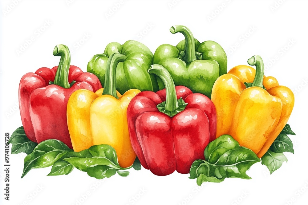 Watercolor Illustration of Bright Bell Peppers in Red, Yellow, and Green with Leafy Stems Watercolor Illustration of Bright Bell Peppers in Red, Yellow, and Green with Leafy Stems