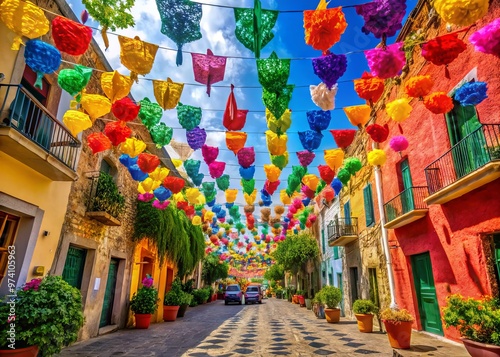 colorful papel picado, piñatas, and festive decorations adorn a sun-kissed Mexican street, celebrating Agosto, the photo