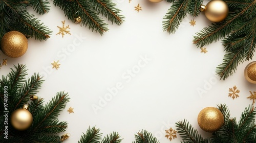 Elegant holiday backdrop with pine branches, gold ornaments, perfect for corporate messages, promotions, and festive branding during the holiday season