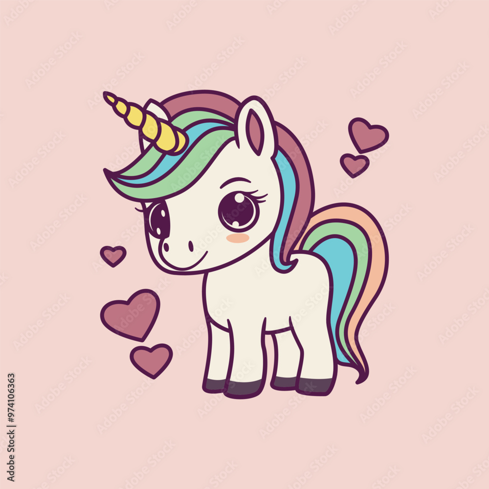 Naklejka premium Cartoon Kawaii Unicorn with Pink Hair Icon Illustration