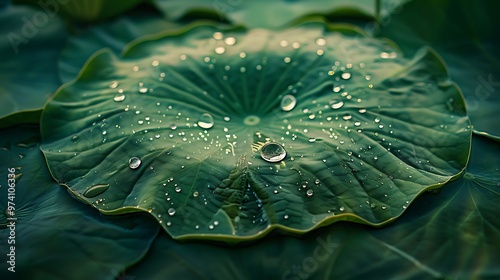 A close-up image of a lotus leaf with water droplets sitting on its surface, emphasizing the natural repellency and vibrant green tones of the leaf. 8k UHD, suitable for high-quality printing  photo