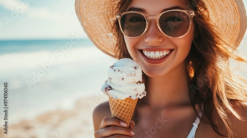 Smiling Woman Enjoying Ice Cream on a Beach