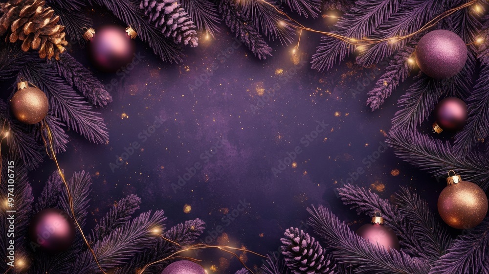 Fototapeta premium Lavender and Gold Holiday Decor, a vibrant display of lavender sprigs, shimmering ornaments, twinkling lights, centered on a rich dark purple backdrop for creative uses.