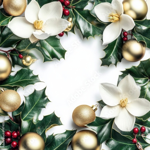 Festive holiday arrangement with magnolia flowers, vibrant holly leaves, shimmering golden baubles, central space available for product display or seasonal promotions