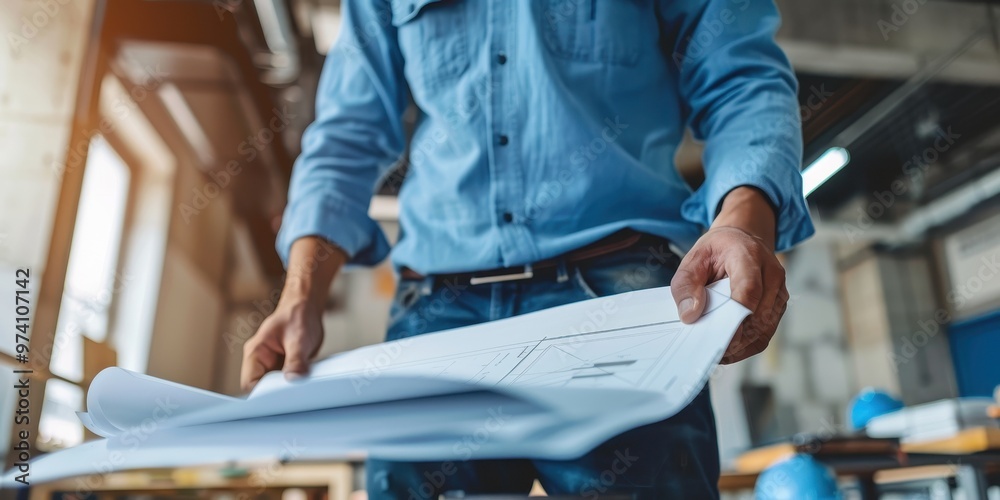 Close-up of a civil engineer reviewing construction plans in a modern office setting during daylight hours Close-up of a civil engineer reviewing construction plans in a modern office setting during daylight hours