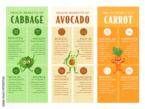 Information brochures on the benefits of cabbage, avocado and carrots for better nutrition and health