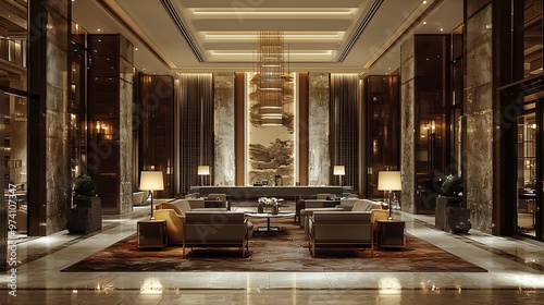 Luxury hotl lobby art gallry showcasing xquisit artworks undr soft lighting. photo