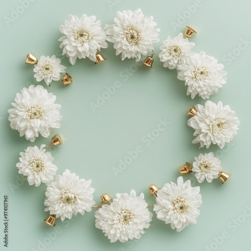 Wallpaper Mural Minimalist Holiday Frame, elegant arrangement of white chrysanthemums and golden bells, central space for text or product display, set against a soft green backdrop. Torontodigital.ca