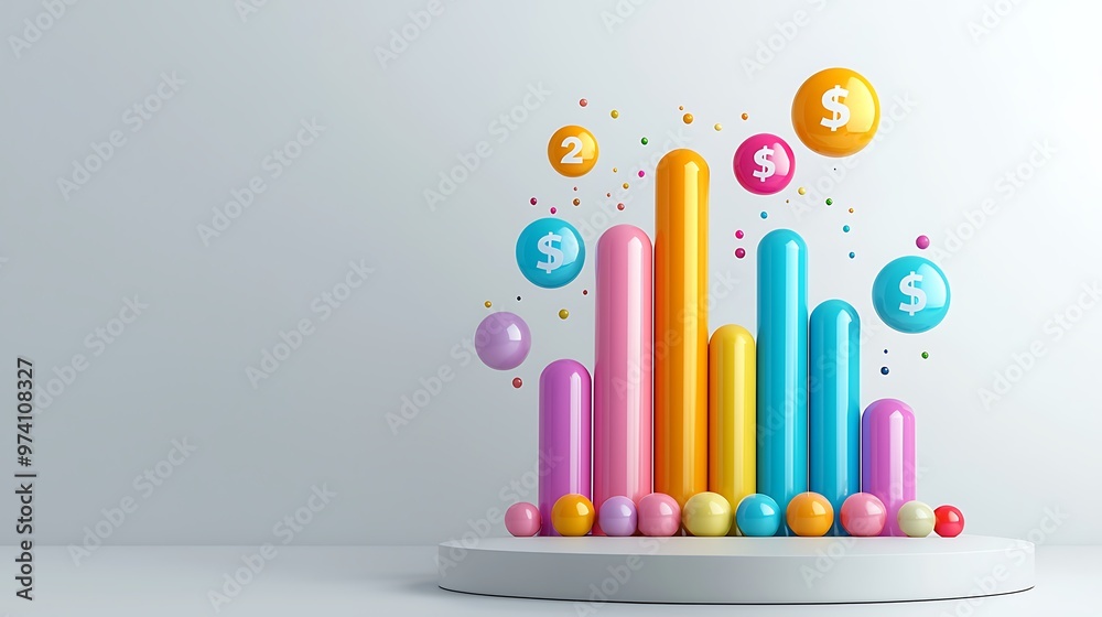 A vibrant 3D bar chart features colorful dollar signs and bouncing balls, adding energy to the financial scene. A vibrant 3D bar chart features colorful dollar signs and bouncing balls, adding energy to the financial scene.