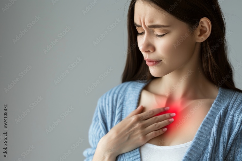 Woman Experiencing Chest Pain Capturing Distinctive Moment and Expression Woman Experiencing Chest Pain Capturing Distinctive Moment and Expression