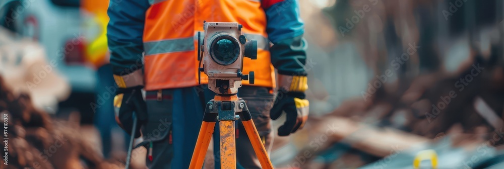 Close-up view of a professional surveyor using surveying equipment on a construction site during the day Close-up view of a professional surveyor using surveying equipment on a construction site during the day
