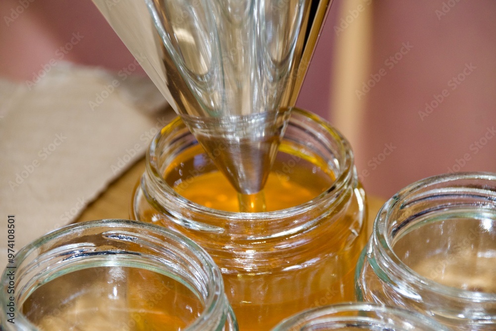 A detailed shot of honey being filled into a glass jar using a stainless steel funnel, showing the honey’s golden hue and the bottling process. A detailed shot of honey being filled into a glass jar using a stainless steel funnel, showing the honey’s golden hue and the bottling process.