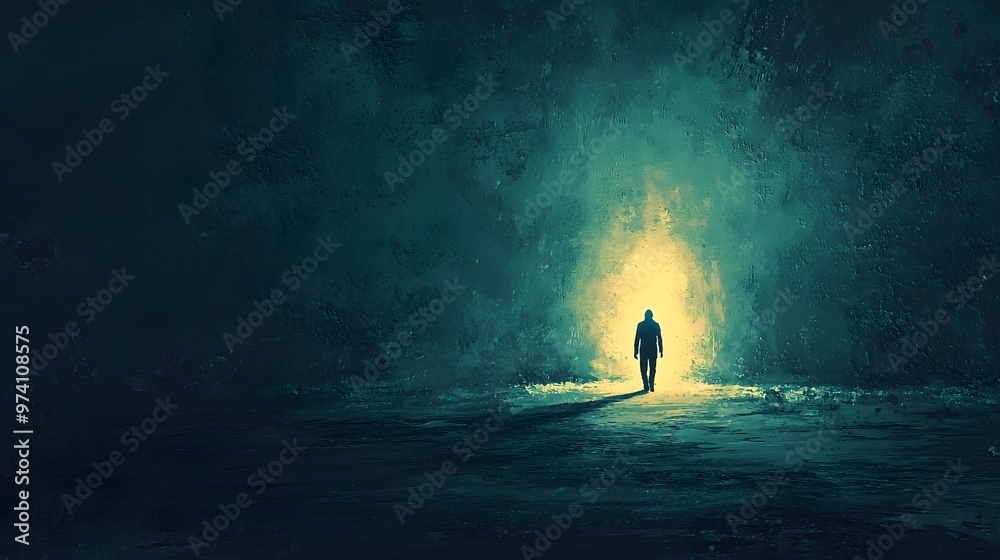 A solitary figure walks towards an ethereal light amidst a darkened, enigmatic background full of wonder. 2D Cartoon Concept A solitary figure walks towards an ethereal light amidst a darkened, enigmatic background full of wonder. 2D Cartoon Concept