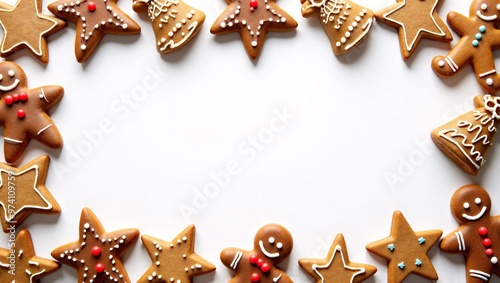 Christmas Cookies Border with Copy Space, festive design with Christmas cookies stars, bells, and gingerbread men arranged as a border around the edges with copy space for sale messages. photo