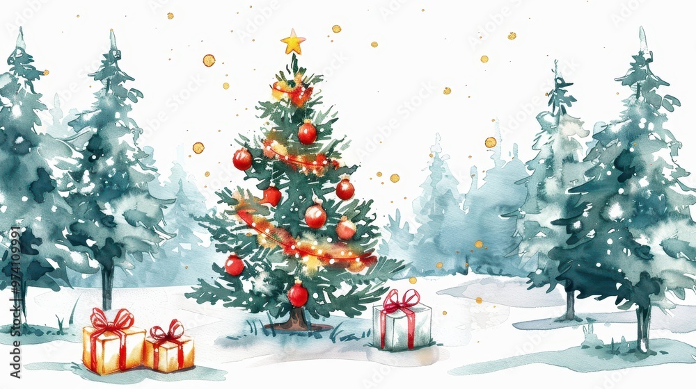 Obraz premium Watercolor illustration of a beautifully decorated Christmas tree in the snowy forest surrounded by wrapped gifts